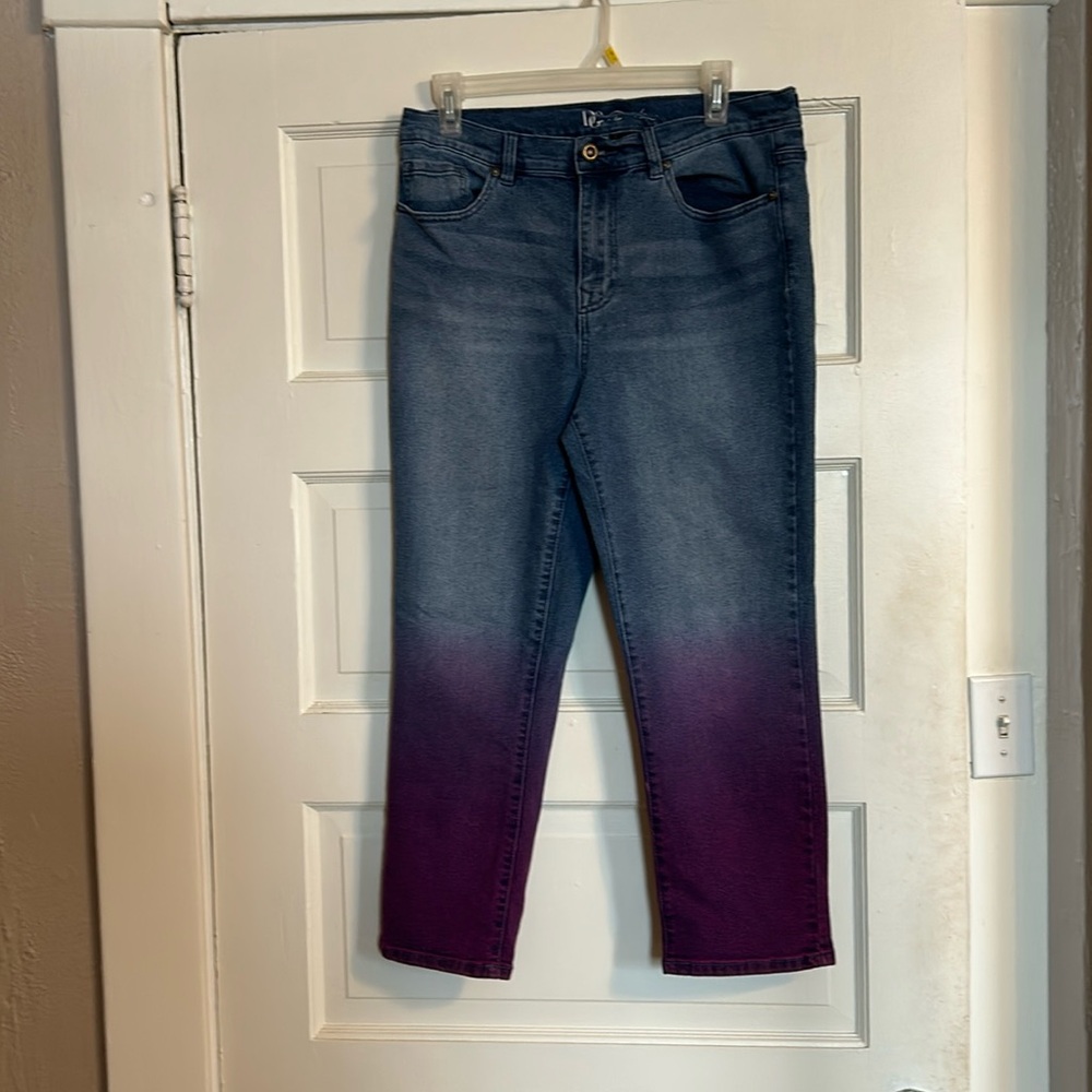 DG2 by Diane Gilman denim capris with purple halfway down the leg, size 12